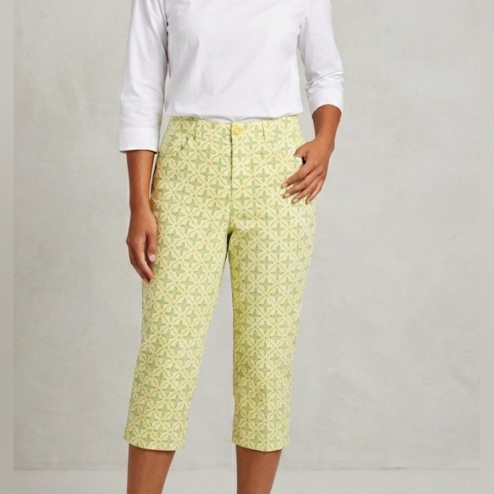 Talbots Capri Stretch Pants Sunny Yellow Green Geometric Print 12P